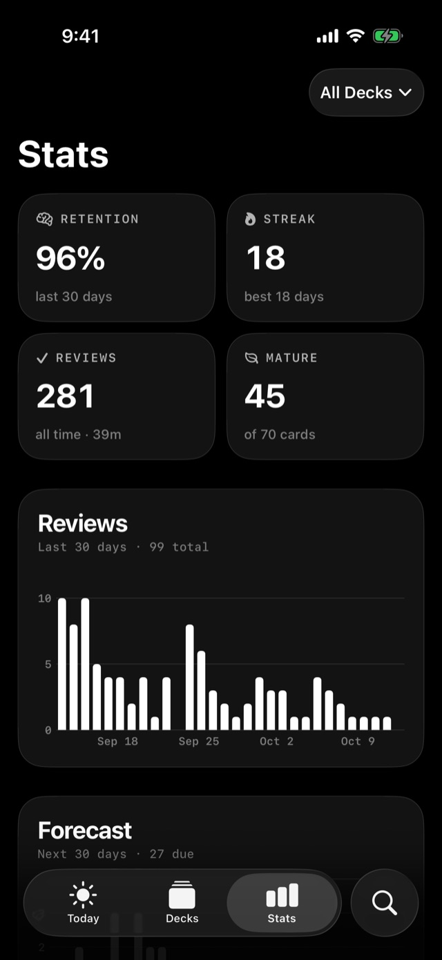Franki's Stats screen: retention, reviews per day and a forecast